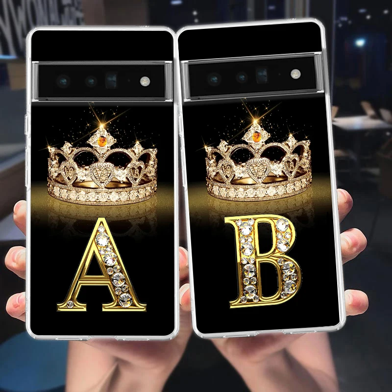 Diamond Crown Letter 26 Letters Phone Case For Google Pixel 9 Pro XL 8 7 6 Pro 8A 7A 6A 5 4 5A 4A 3A XL 5G Soft TPU Clear Cover