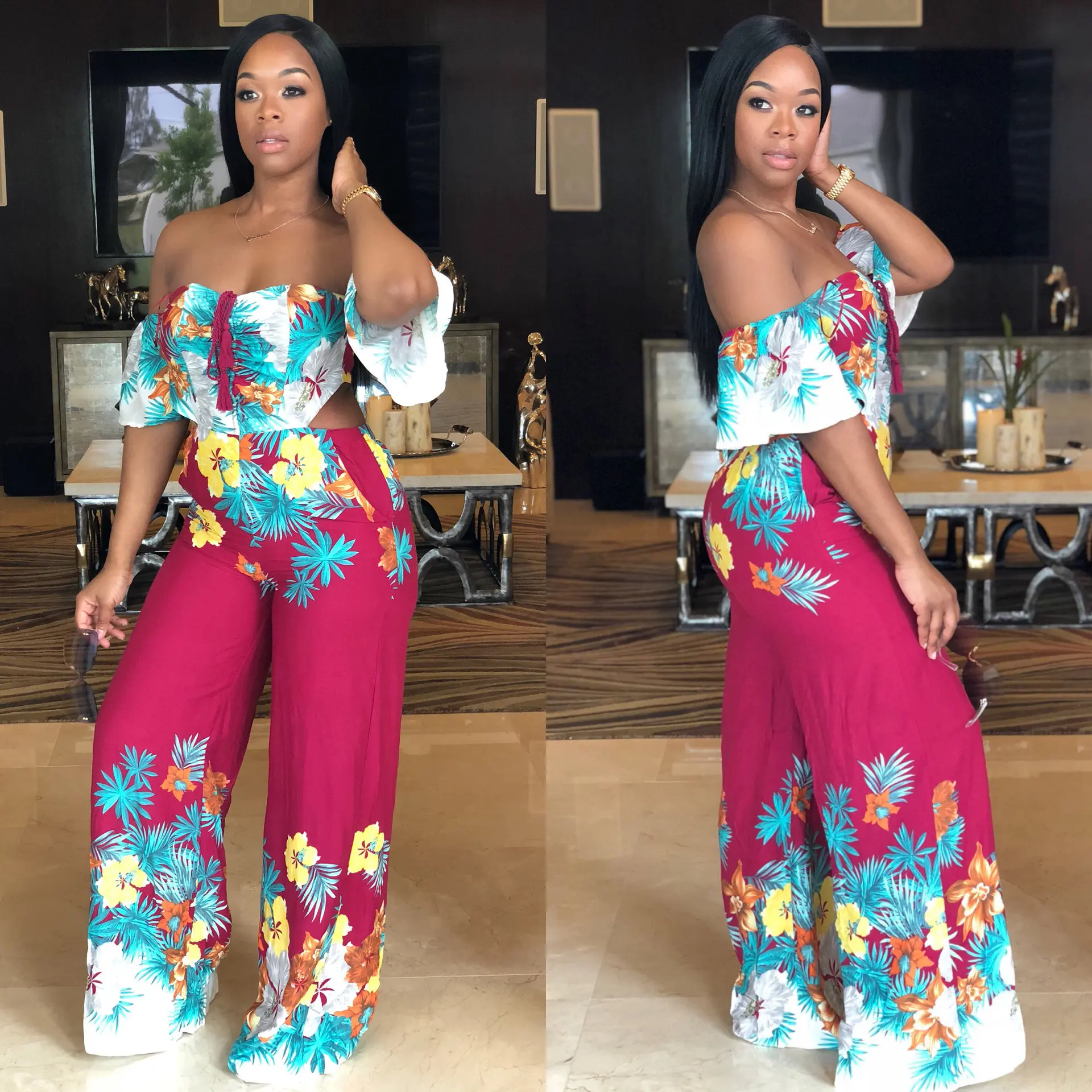 Plus size Sexy Wide Leg Jumpsuits Print Open Back Wrap High Waist Jumpsuits Casual Party Vacation Loose Jumpsuits