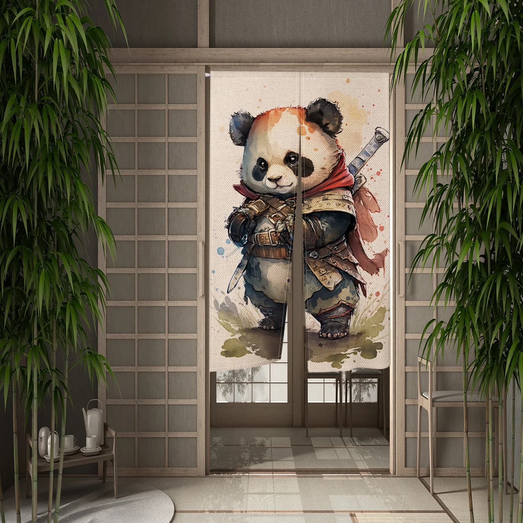 Cute Panda Japanese Door Curtain Panda Bamboo Painting Traditional Kitchen Room Partition Doorway Entrance Hanging Half-Curtains