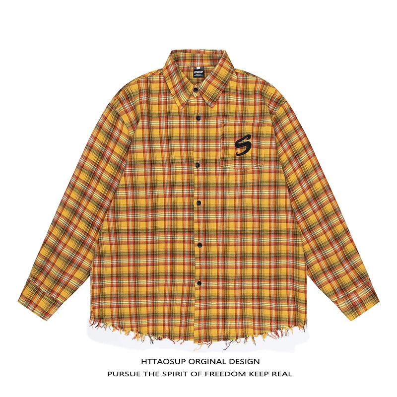Original American Dopaamine Yellow Plaid Shirt Hem Frayed Open Cardigan Collar up Jacket Loose Fit Youthful Cotton Polyester ...