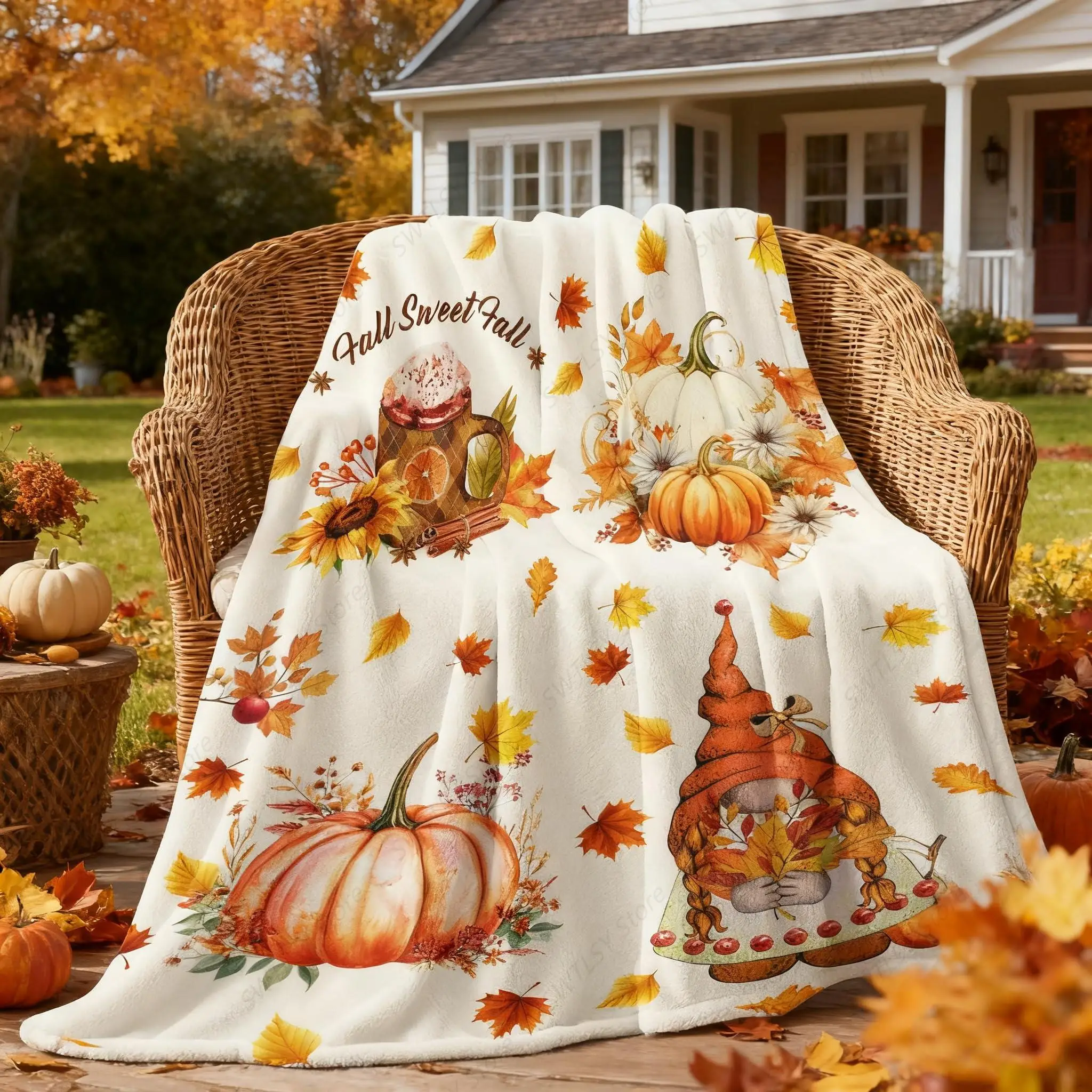 

Fall Pumpkin and Gnome Throw Blanket, Soft Orange Autumn Maple Leaves Blankets and Throws for Couch, Fall Themed Thanksgiving