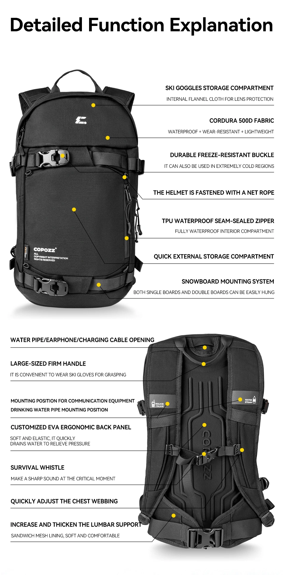 COPOZZ Skitasche, wasserdicht, leicht, verschleißfest, für Reisen, großes Fassungsvermögen, Outdoor-Sportzubehör, Snowboard-Aufbewahrungsrucksack – Detail 10