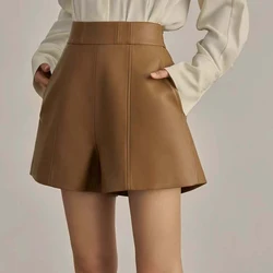 Genuine Leather Shorts Women Spring Autumn Sheepskin Elastic Waist Zipper A-Line Wide Leg Pants Fashion Versatile Short Mujer