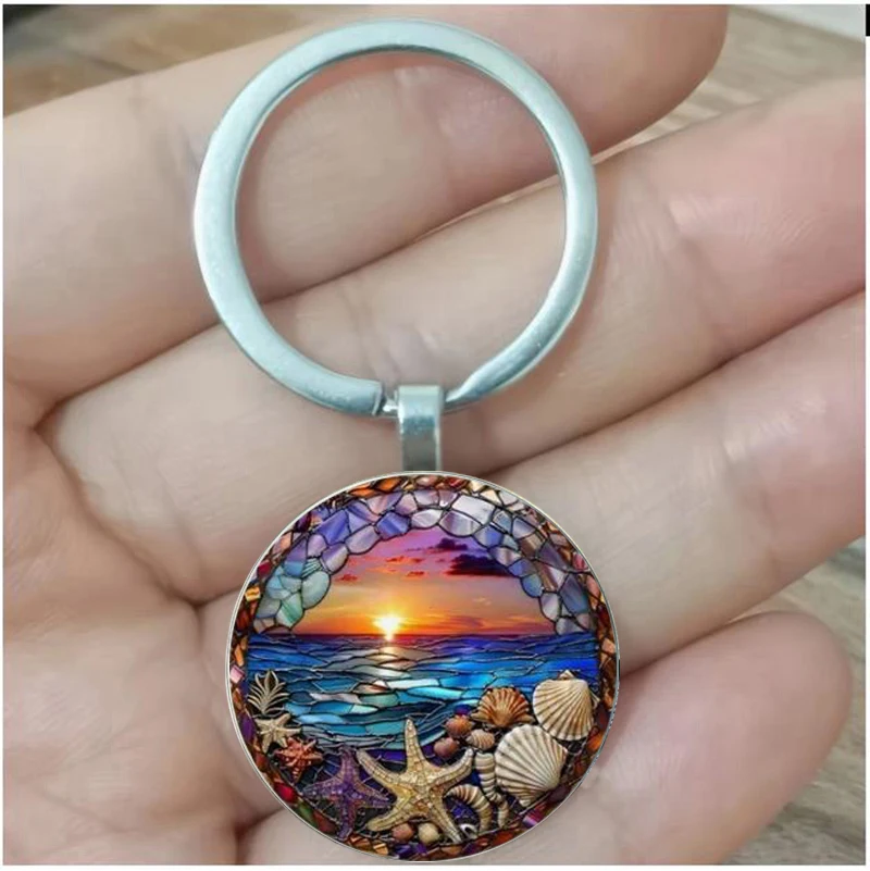

Keychain, Sunset Ocean Charm - Round Scene Beach with Starfish and Shells, Suitable for Men, Family, and Friends (Christmas, Hal