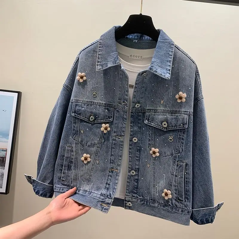 Vintage Flower Denim Jacket Women 2024 Spring Autumn New Long Sleeve Tops Cotton Outerwear Button Female Casual Jeans Coat