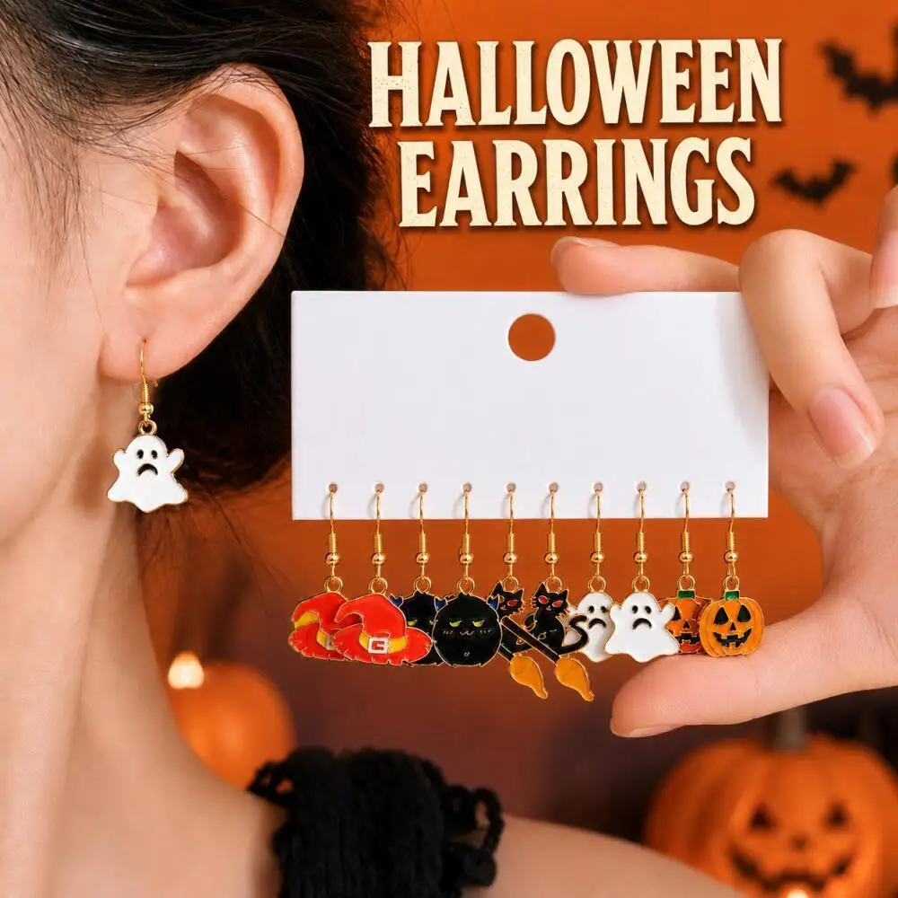 10 Pairs Halloween Enamel Dangle Earrings Witch Hat Black Cat Broom Ghost Pumpkin Mummy Cosplay Jewelry Parties Display Stand