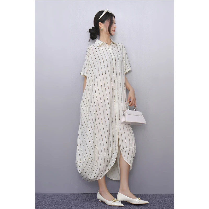 2025 Primavera Estate New Fashion Camicie larghe a righe Abiti lunghi Donna Elegante abito a maniche corte Donna all'ingrosso J945