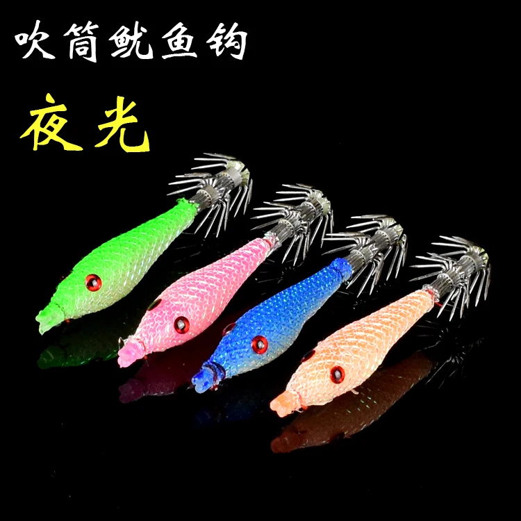 New Fluorescent Night Fishing Wooden Shrimp Squid Hooks Blowtorch Cuttlefish Small Tube Fish Hooks for Squid 3D Imitation Lure