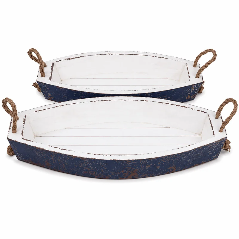 2 Piece American Vintage Wooden Tray Set Rustic Boat Shaped Fir Wood Decorative Trays with Rope Handles for Farmhouse Home Decor
