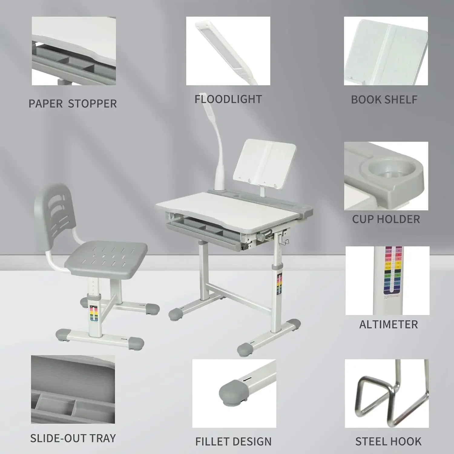 Kids Functional Desk and Chair Set, Height Adjustable Children School Study Desk with Tilt Desktop, Bookstand, LED Light,