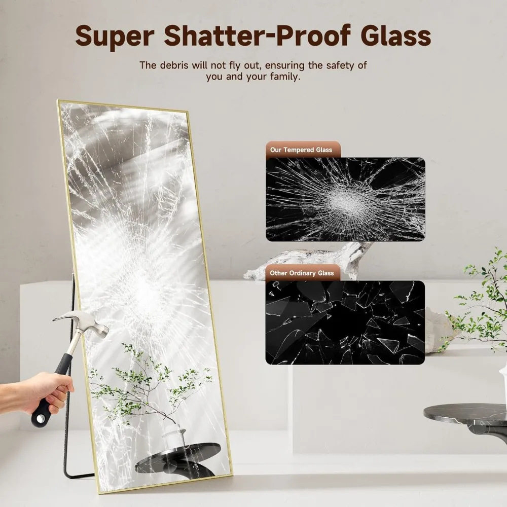 Espelho de chão retangular de vidro temperado dourado - Espelhos de estrutura de alumínio montados na parede de comprimento total 69x24 para quarto