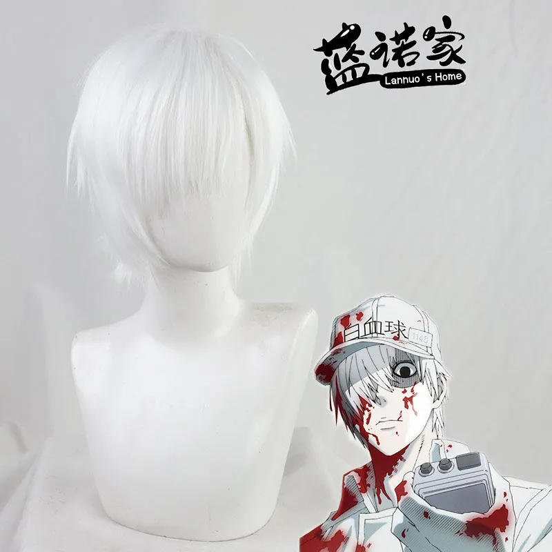 

Аниме Cells at Work White Blood Cell Косплей Парик Хэллоуин Карнавал Реквизит для вечеринки Синтетические волосы Термостойкое волокно + Кепка для парика