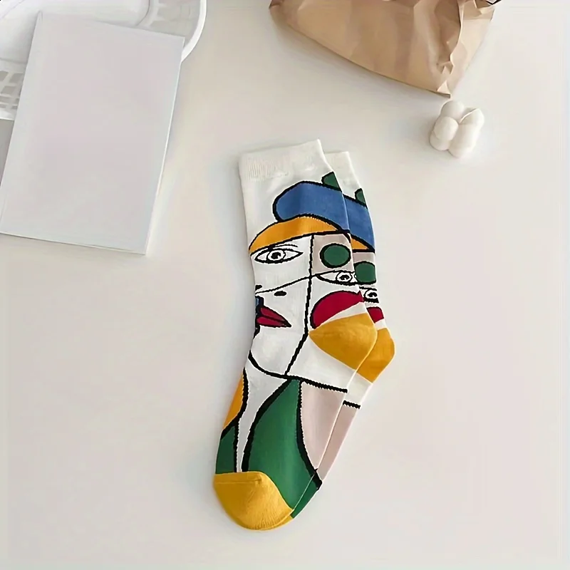3 pairs of abstract oil painting artistic style men's mid tube socks, personalized trend autumn and winter men's long tube socks