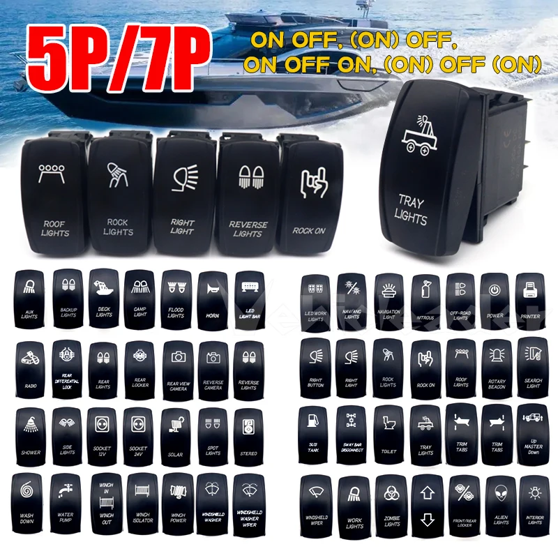 12V 24V Marine Boat Rocker Switch Blue Led HORN 5P/7P ON OFF, (ON) OFF, ON OFF ON, (ON) OFF (ON) Waterproof