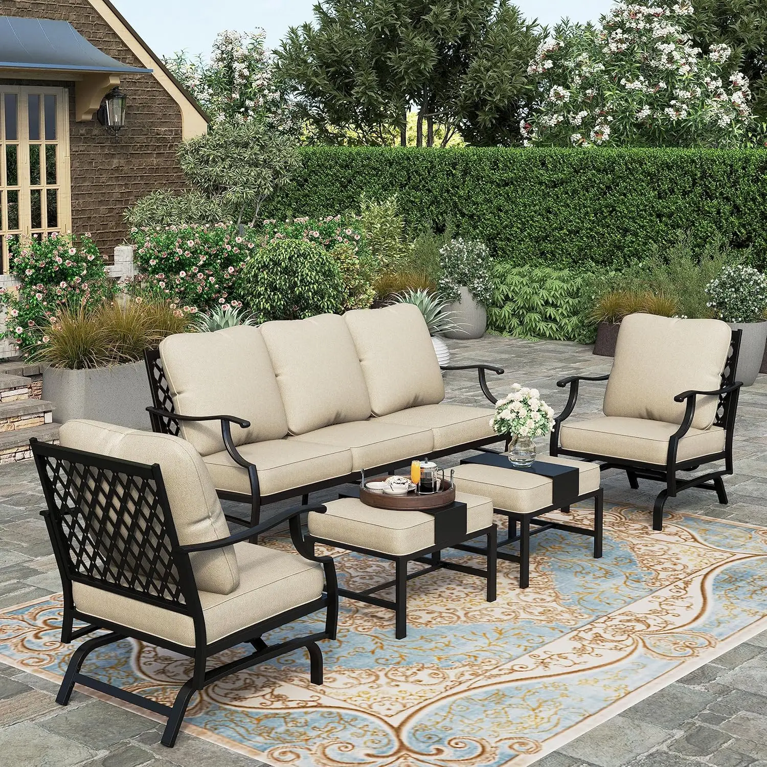 

5 Pieces Patio Furniture Set, 2 x Cushioned Rocking Chair, 2 x Ottoman, 1 x 3-Seat Sofa, All Cushioned 7 Seats Outd for garden