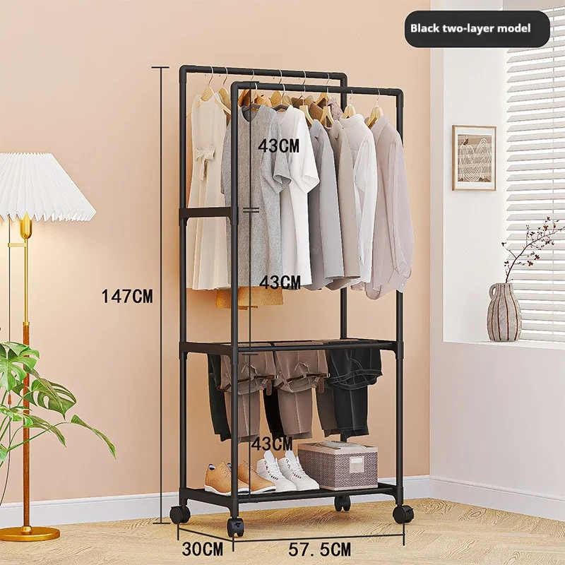 Double Rod Garment Rack with Wheels Floor Clothes Rack Stand Shoe Hat Coat Storage Shelf Portable Clothes Hanger Storage Rack