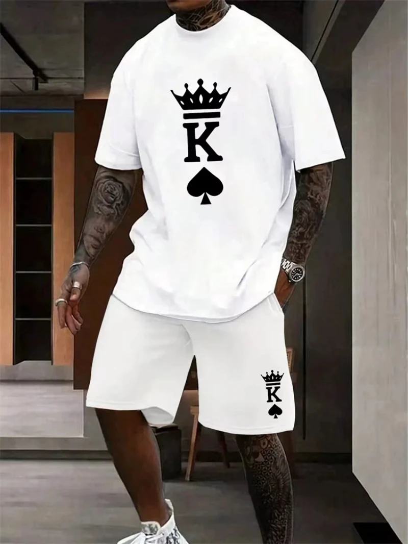 

Pure Cotton King Print Pattern Summer New Two-piece Suit Fashion Trend High Street Harajuku Breathable Sleeve Running Clothes