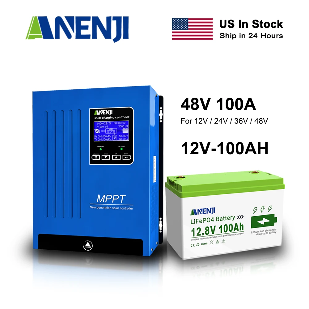 ANENJI Solar Charge Controller 100A 48V MPPT  Solar Battery Intelligent Regulator For 12V/24V/36V/48V LiFePO4 Battery 12V-100AH Built-in BMS US In Stock
