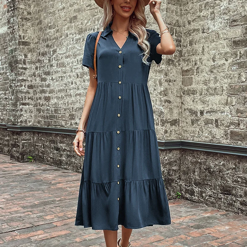 Retro Casual Women's Summer Long Dress Boho Solid Color Short Sleeve Button Beach Sundress Shirt Skirt Maxi Dresses Vestidos