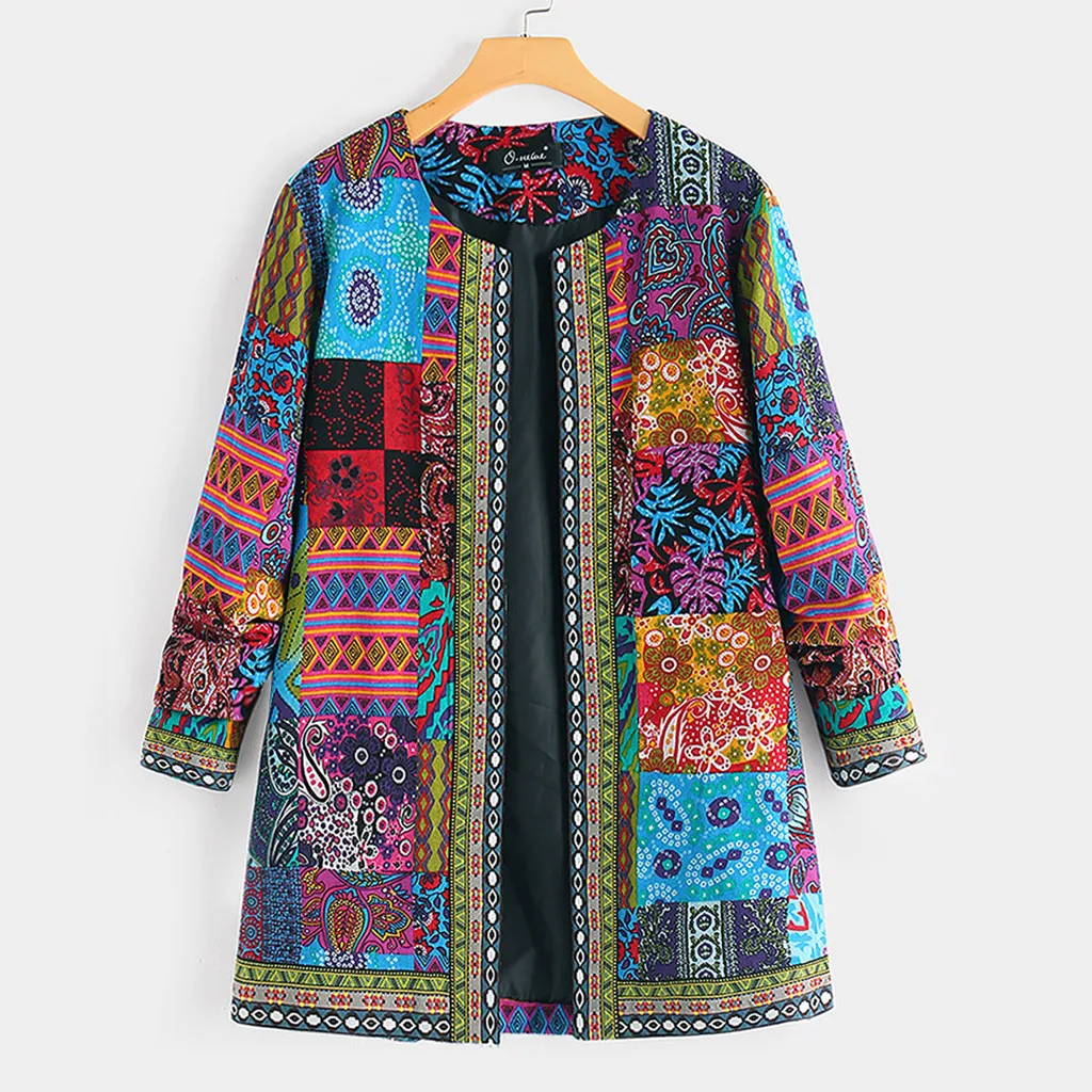 Kobiety Vintage Ethnic Style Floral Print Long Sleeve Plus Size Cotton Jacket Coat Chaqueta Mujer Roupas Femininas пальто женское