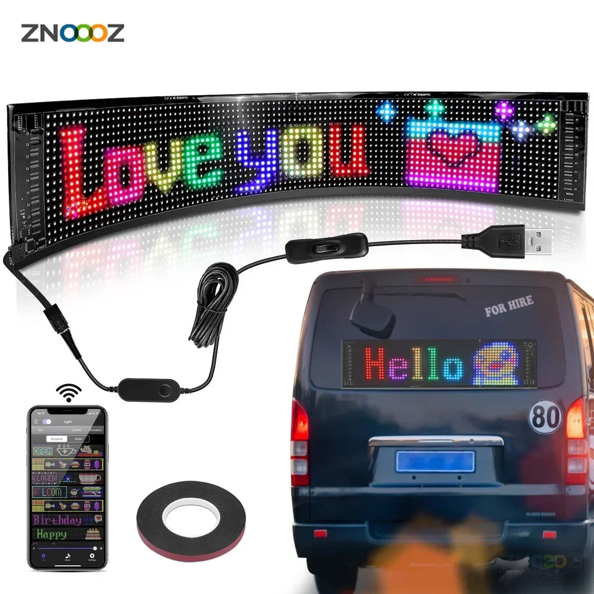 Scrolling Advertising LED Sign USB 5V Bluetooth App Control Logo Light Custom Text Pattern Animation Programmable Display Car 