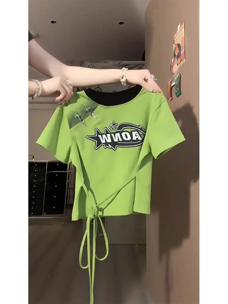 

Белая хлопковая футболка с коротким рукавом, женская летняя футболка с поясом, облегающий укороченный топ в корейском стиле, для повседневной носки, из смеси хлопка и полиэстера