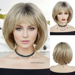 Bob Cut Natural Synthetic Hair Wig Blonde Wigs with Bangs for Women Lady Daily Dress Party Adjustable Cap Size Heat Resistant