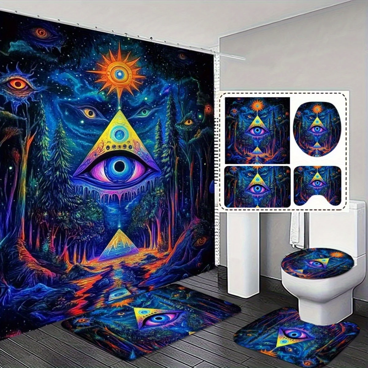 

4pcs. Stylish Shower Curtain with Matching Non-Slip Bath Mat Set - Unique All-Seeing Eye Design for a Modern and Elegant
