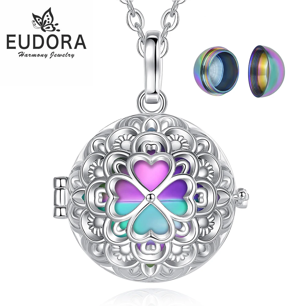 Eudora 20mm Urn Cremation Flower Clover Cage Locket Ash Pendant Holder Keepsake Capsule Hollow Ball DIY Necklace Women Jewelry