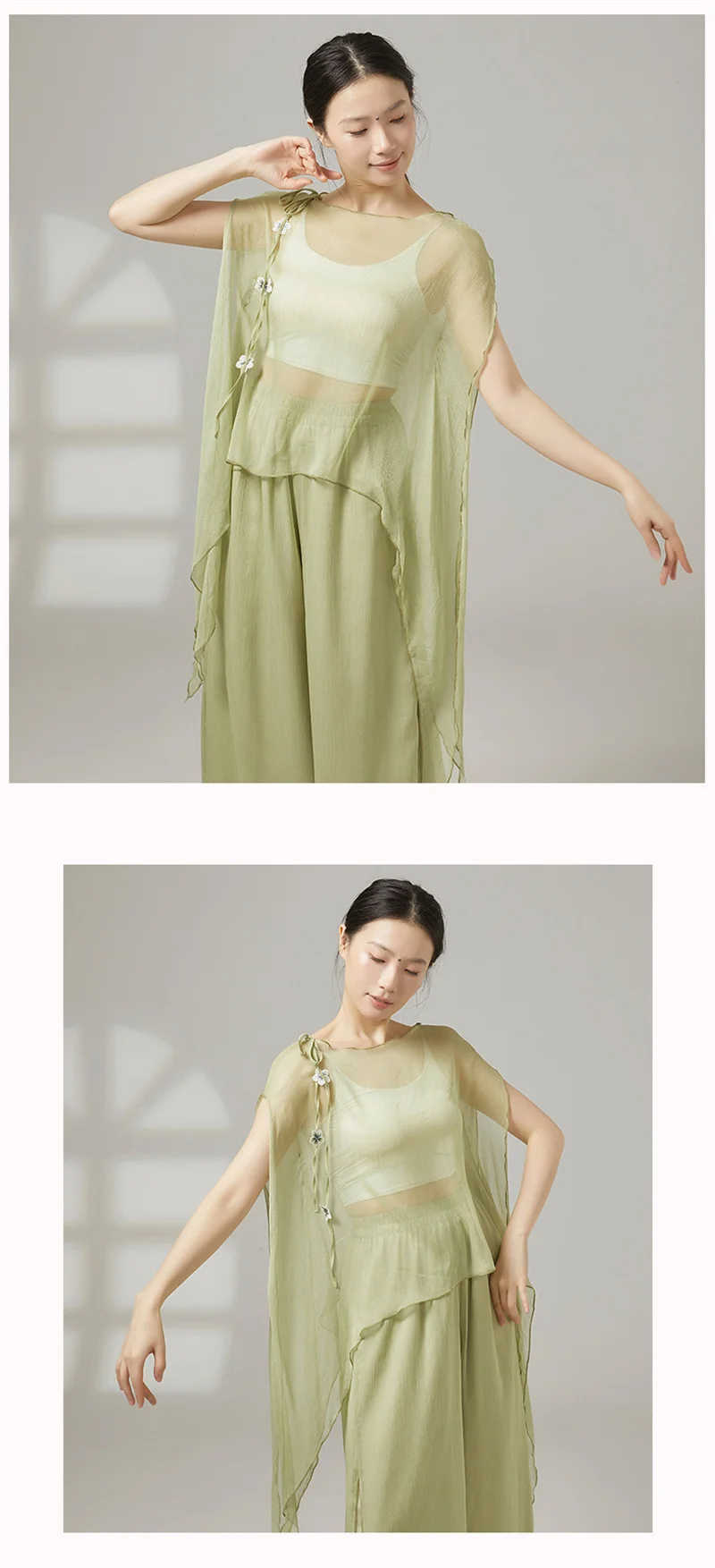 Damen Chiffon Durchsichtiges Modern Dance Top Atmungsaktive Weiche Klassische Tanzbluse mit Schlitz und Fledermausärmeln Lockeres Übungs-Top – Detail 4