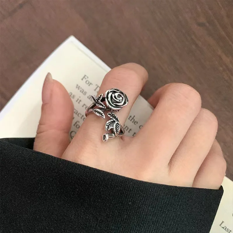 Vintage Thai Silver Rose Flower Open Rings For Women Retro Fashion New Jewelry Gift Party Birthday Wholesale anillos