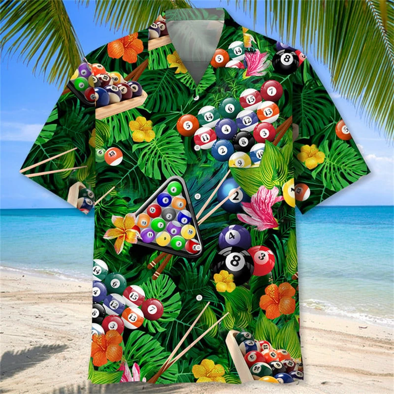 Full Print Billiards Graphic Shirts For Men Women Short Sleeve Button Up Hawaii Beach Shirts Clothes Mens Oversized Blouse Tees