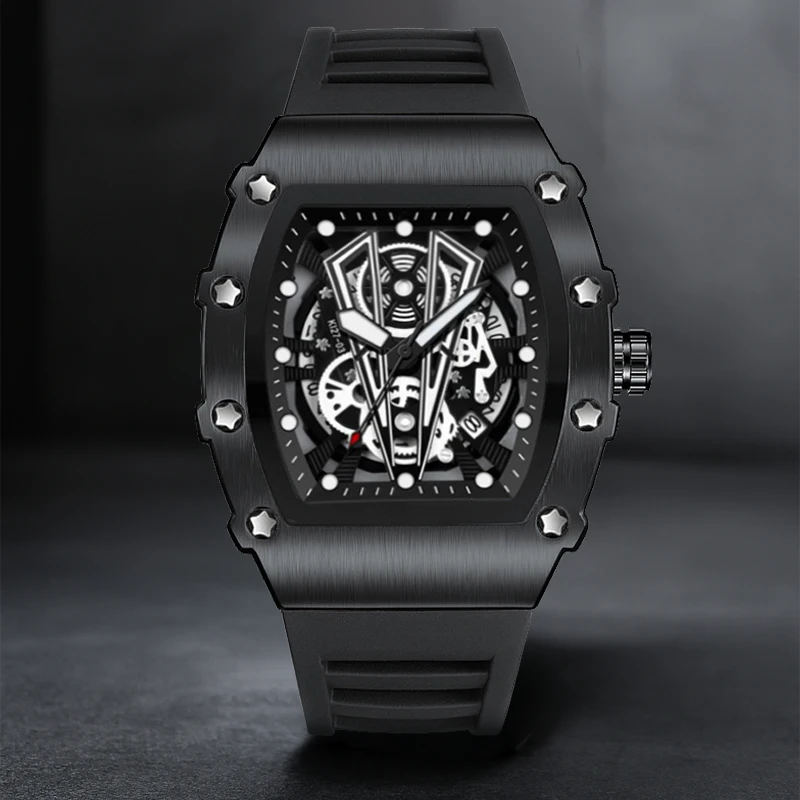 1pcs Men's Black Tape Sports Style Versatile Calendar Inverted Triangle Wine Bucket Quartz Watch