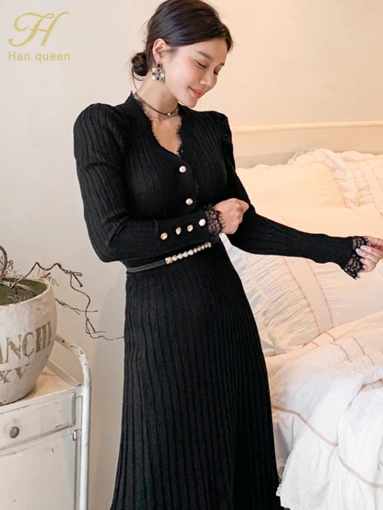 H Han Queen Women Winter OL Work 2 Pieces Suit Knitted top & Stitching Lace Long Skirt Simple Slim Casual Occupation Sweater Set