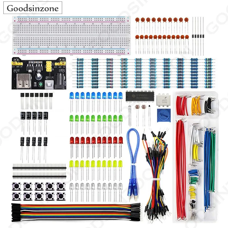 Electronics Starter Kit w/Power Supply, Breadboard, Jumper Wires, Resistors & Potentiometer - for Arduino, Raspberry Pi 5, STM32