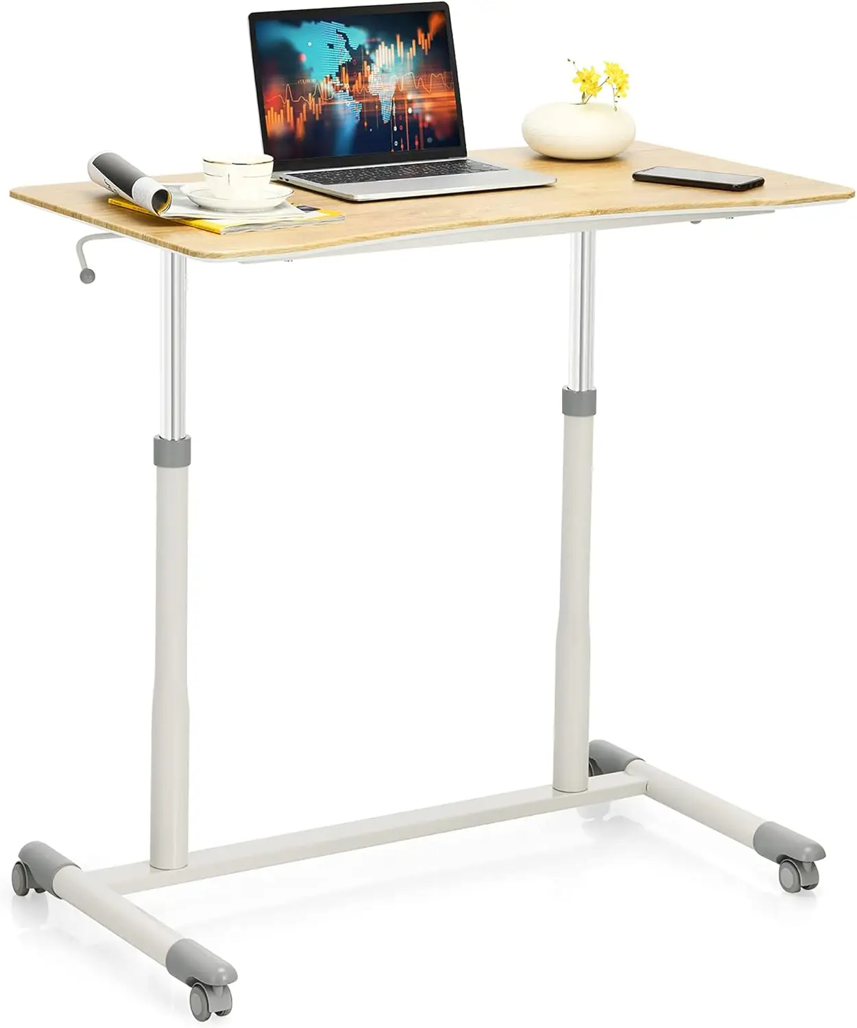 

Ergonomic Sit Stand Desk, Pneumatic Height Adjustable Desk on Wheels, Mobile Bedside Computer Desk, w/Lockable Casters,