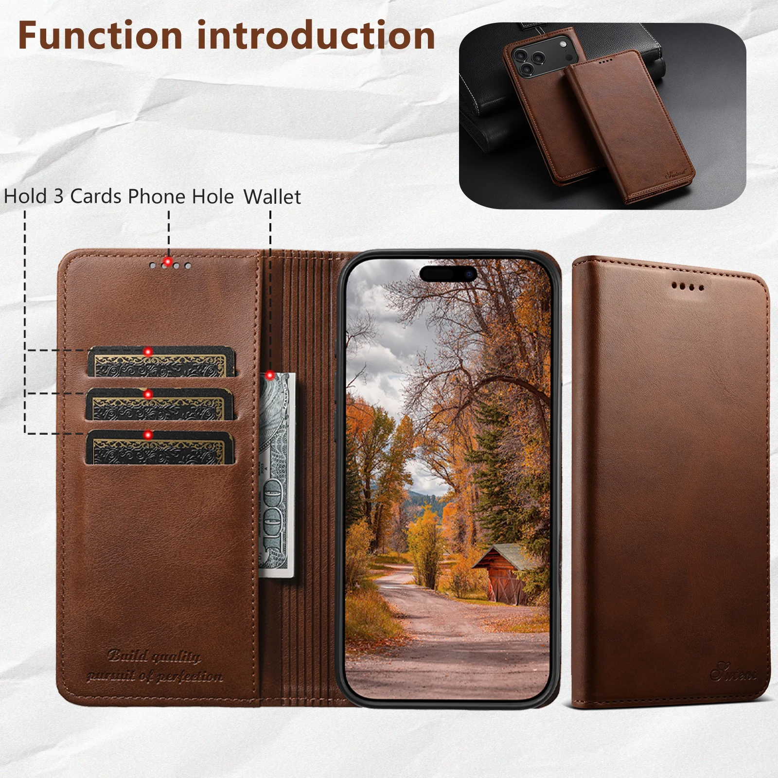 SUTENI Kunstleder-Kartenhalter-Standfunktion-Geldbörse Magnet-Flip-Cover Handyhülle für iPhone 18 Pro Max 17 16 Plus 15 Pro 14 13 12 – Detail 15