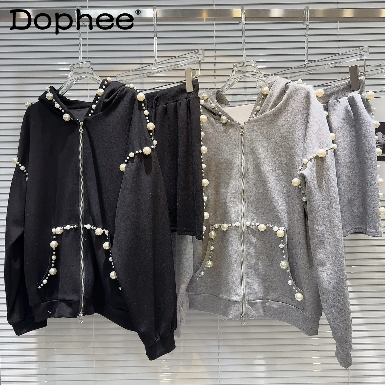 

Fashion Casual Skirt Sets 2024 Autumn New Big Pearl Beaded Edge Hooded Sweatshirt and Skirt Two Piece Sets Womens Outifits