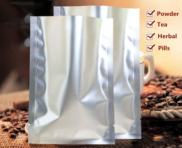 100PCS Matte Silver Open Top Aluminum Foil Bag Heat Sealing Food Herbal Liquid Ground Coffee Snack Sugar Candy Storage Pouches