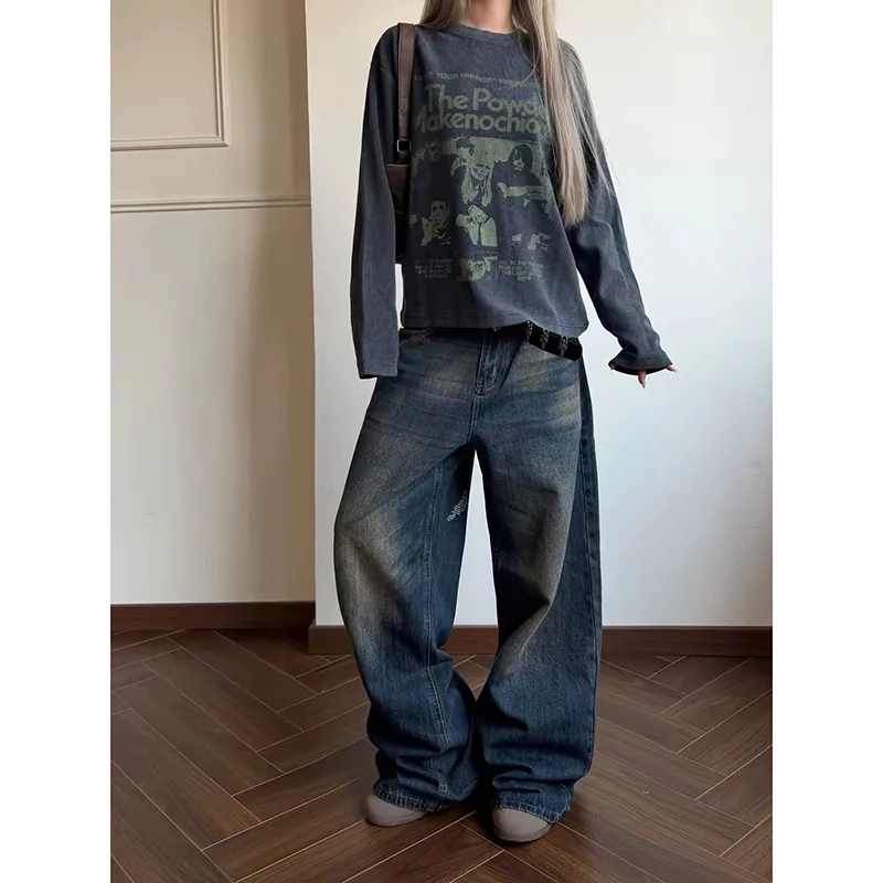 YIBASHU Women Gothic Y2k Blue Jeans Vintage Grunge Boyfriend Style Letter Print Jeans Pants Baggy Boyfriend  Wide Leg Denim Pant