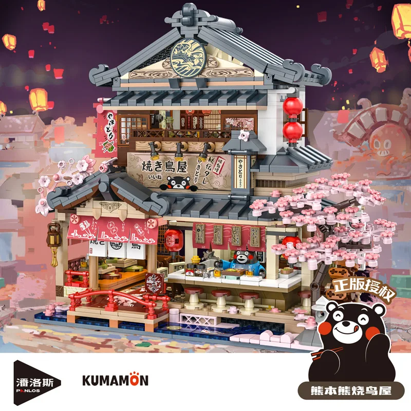 

Inbrixx Kumamon BBQ Yakitori House 1:24 Мини-микроблоки с видом на улицу, японская уличная еда, киоск, сборка подарка и декор стола