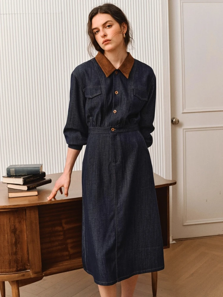 

OLrain Women's Contrast Color Denim Dress Autumn 2025 French Style Turn-Down Collar A-Line Casual Long Sleeve Dress O57QL000286