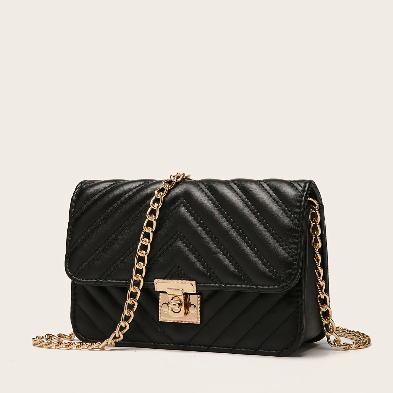 

Elegant Quilted Black Faux Leather Shoulder Bag with Secure Turn-Lock, Adjustable Strap & Trendy Tassel