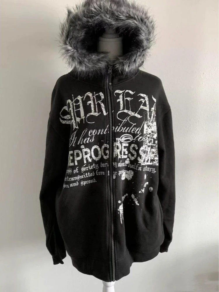 Y2k الأمريكية الرجعية الأسود زمم هوديي البلوز المرأة إلكتروني تصميم سترة البلوز Harajuku الفراء طوق معاطف سترة القمم #2