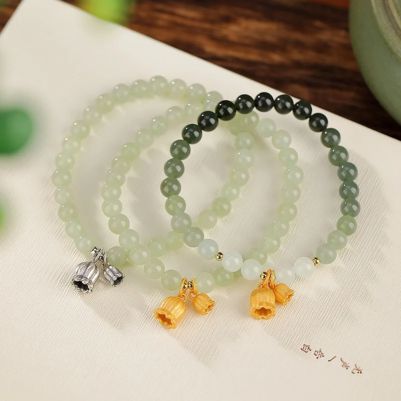

Blue Jade Gradual Change Bead Bracelet Gift Retro National Style Jade Bracelet S925 Sterling Silver Gold Plated Hotan Jade