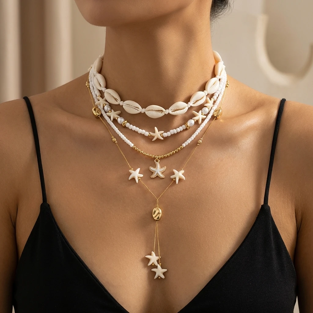 Böhmische Muschel-Seestern-Quasten-Halsketten-Sets für Frauen Handgefertigte Reisperlen-Stapel-Halsketten Trendiger Sommer-Strandschmuck – Detail 2