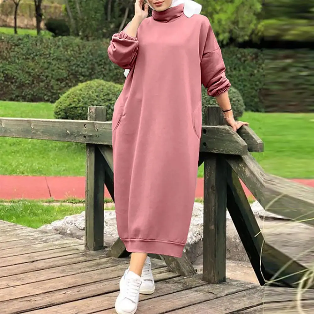 M-4XL Women Autumn Winter Hoodie Dress Loose Long Sleeves Solid Color Turtleneck Casual Plus Size Hooded Sweatshirt Dress