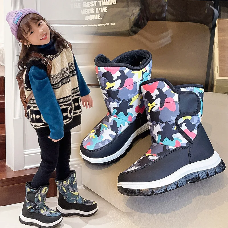 

Kids Boys Snow Boots Winter Warm Fur Shoes Children Plush Non-slip Camouflage Waterproof High Top Cotton Shoes Girls Sneakers