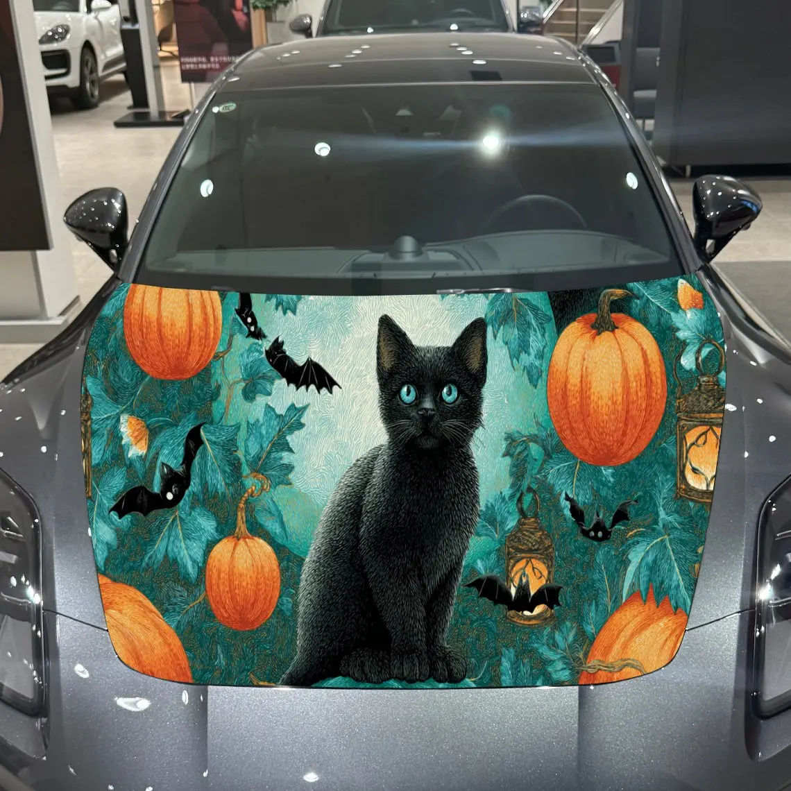 Vintage Black Cat Pumpkin Halloween Artistic Voyage PVC Car Hood Wraps, Self-Adhesive Waterproof Car Bonnet Decal Sticker, Car D