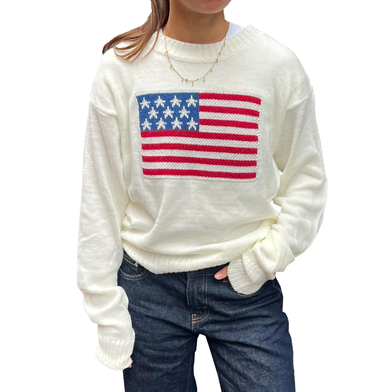 Women\'s Autumn Loose Knit Tops America Flag Print Long Sleeve Round Neck Sweaters Fall Winter Warm Knitwear Casual Jumpers